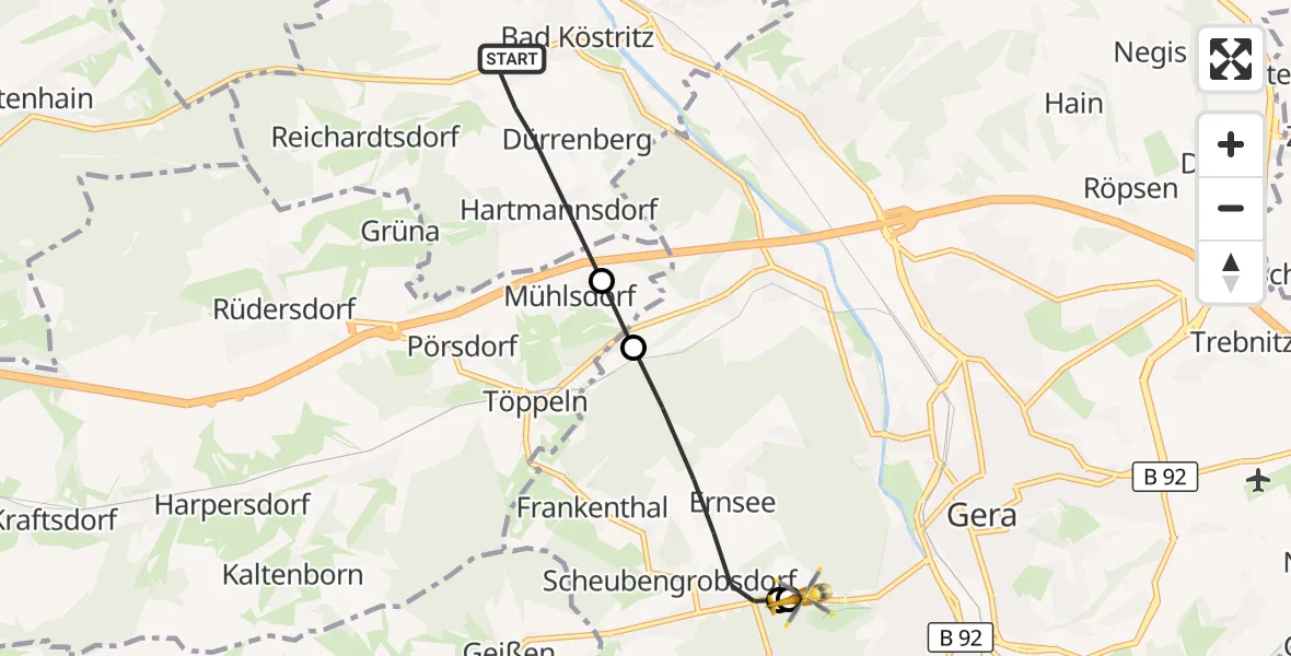 Flugroute Rettungshubschrauber Bad Köstritz - SRH Wald-Klinikum Gera Hospital, 26 Juni 2026, 13:53