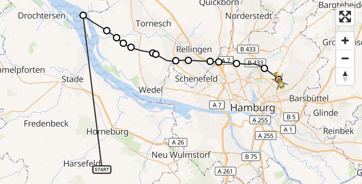 Flugroute Rettungshubschrauber Harsefeld - Hamburg Military Hospital, 26 Juni 2026, 13:54