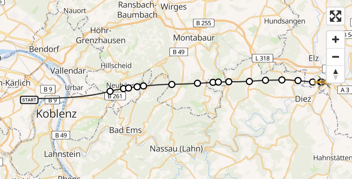 Flugroute Rettungshubschrauber Koblenz - Saint Vincent Hospital Limburg, 26 Juni 2026, 13:56