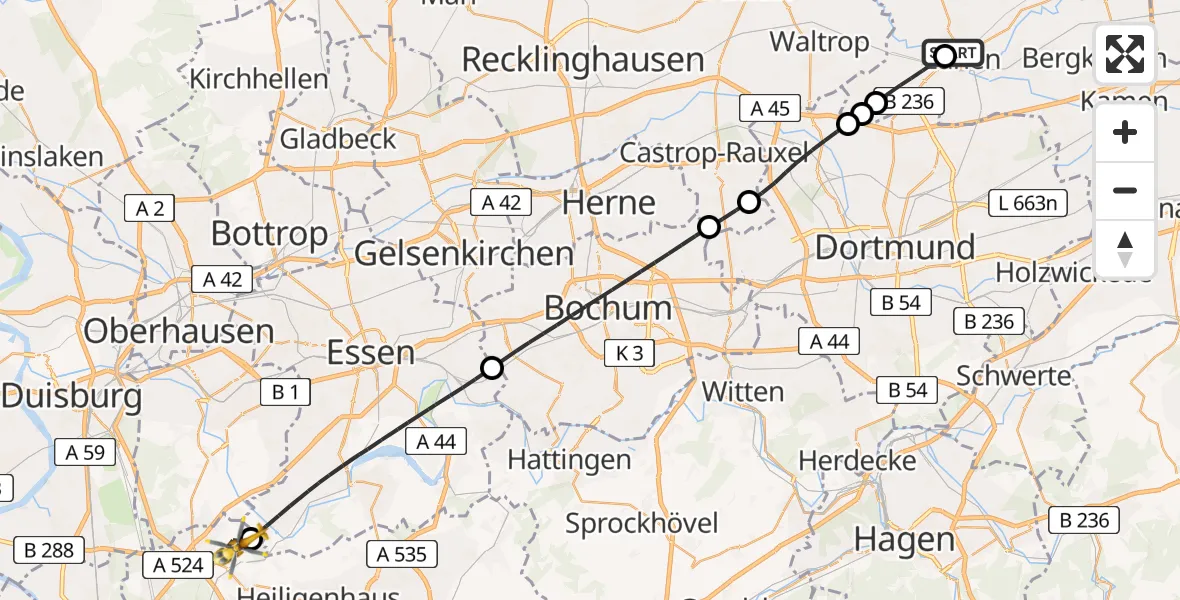 Flugroute Rettungshubschrauber Sankt Marien Hospital - Ratingen, 26 Juni 2026, 14:01