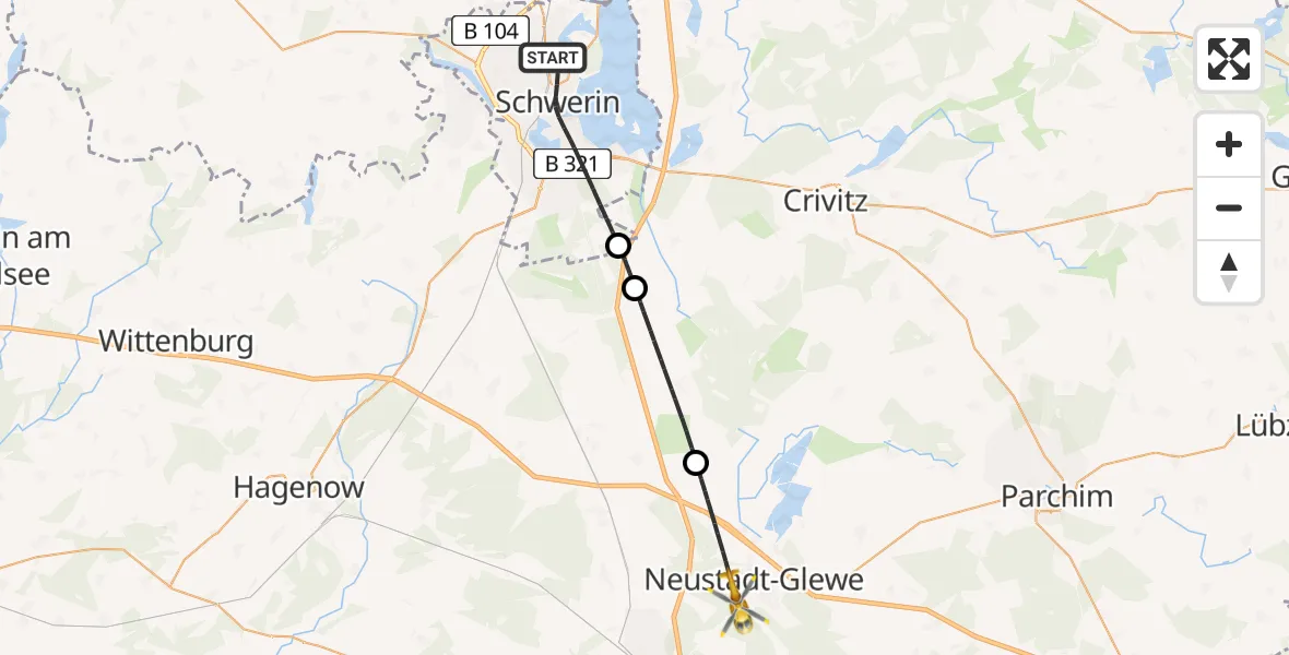 Flugroute Rettungshubschrauber Schwerin - Neustadt-Glewe, 26 Juni 2026, 14:03