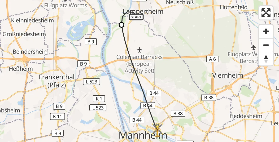 Flugroute Rettungshubschrauber Lampertheim - Mannheim, 26 Juni 2026, 14:09