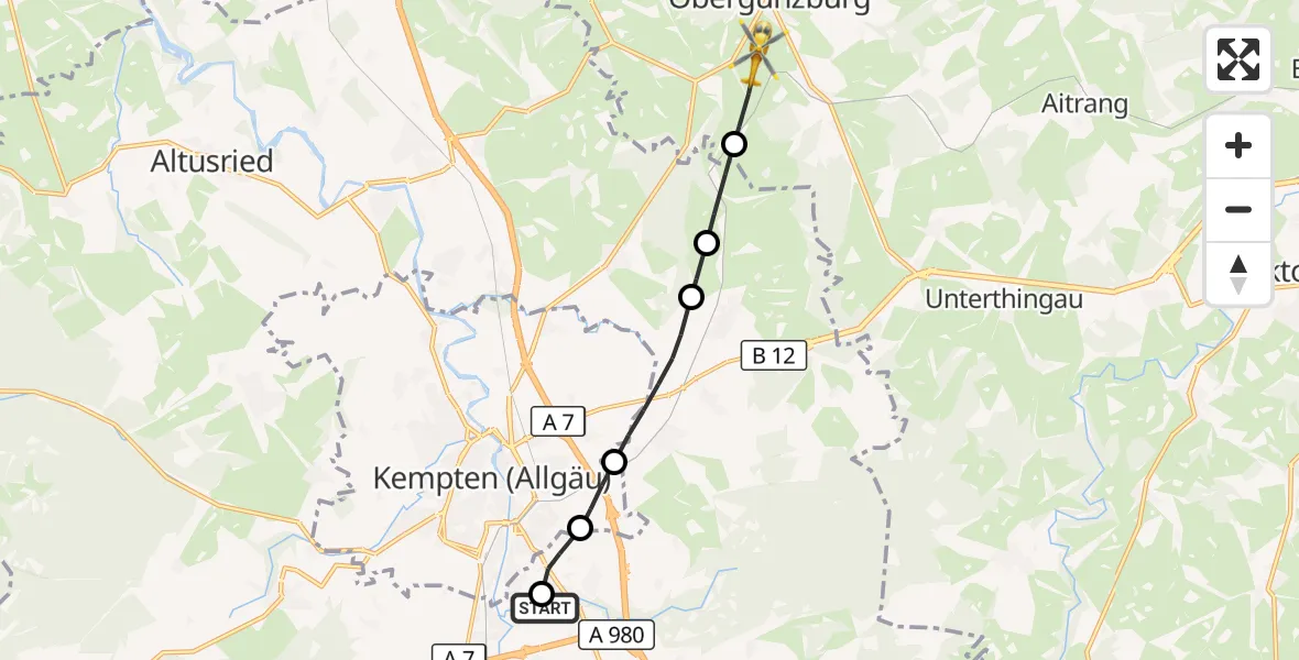 Flugroute Rettungshubschrauber Kempten-Durach Flugplatz - Günzach, 26 Juni 2026, 14:14