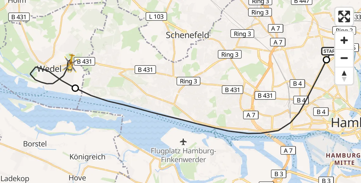 Flugroute Rettungshubschrauber Universitätsklinikum Hamburg-Eppendorf Hubschrauberlandeplatz - Wedel, 26 Juni 2026, 14:16