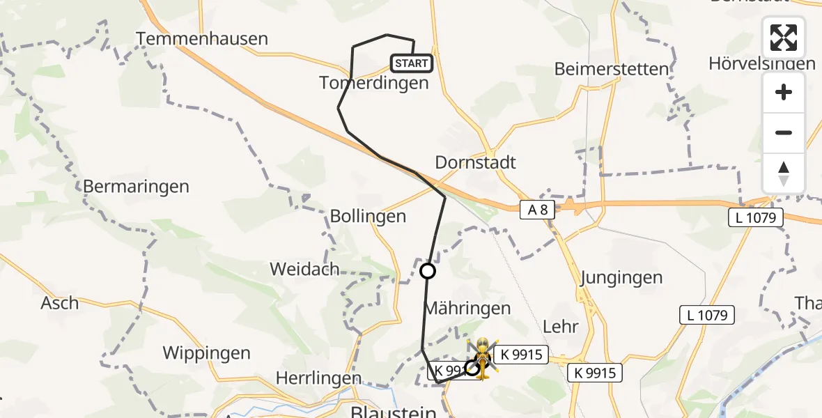 Flugroute Rettungshubschrauber Dornstadt - ADAC Air Rescue Station Ulm (Christoph 22), 26 Juni 2026, 14:21