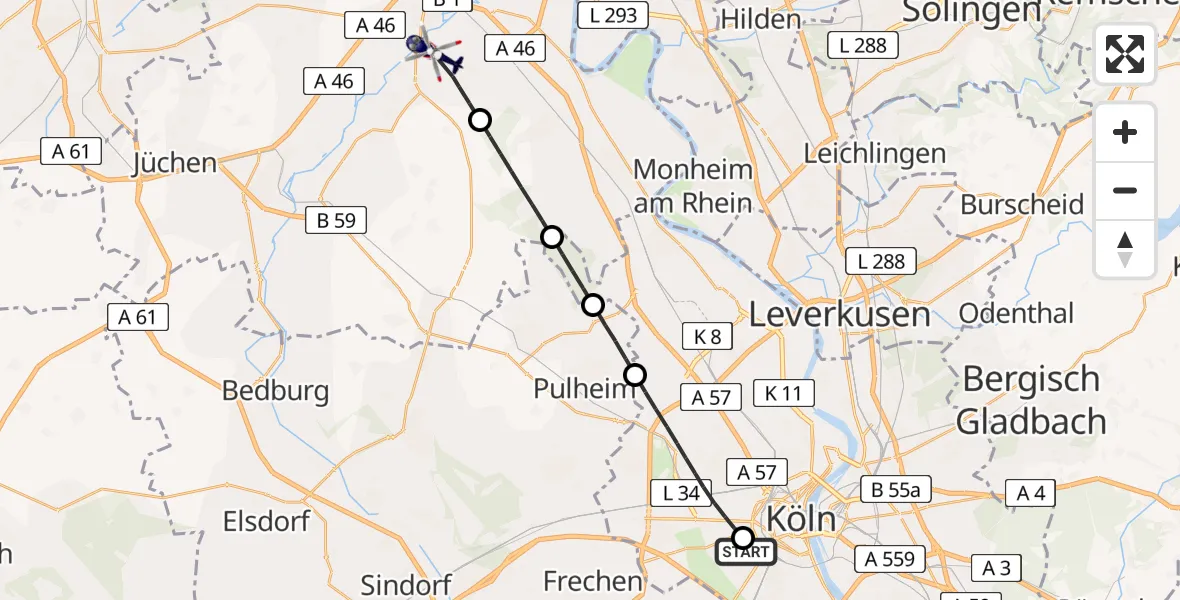 Flugroute Polizeihubschrauber Köln University Hospital - Neuss, 26 Juni 2026, 14:21