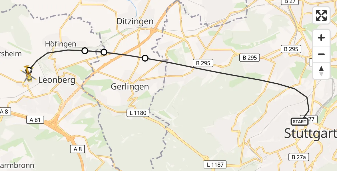 Flugroute Rettungshubschrauber Stuttgart - Leonberg Hospital, 26 Juni 2026, 14:22