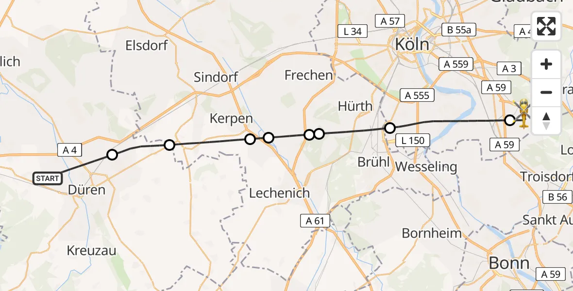 Flugroute Ambulanzhubschrauber Düren - Köln Bonn Flughafen, 26 Juni 2026, 14:25