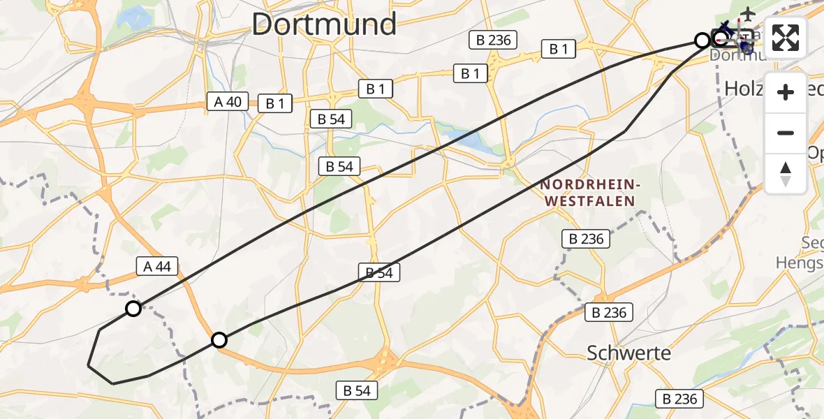 Flugroute Polizeihubschrauber Dortmund Flughafen - Dortmund Flughafen, 26 Juni 2026, 14:30
