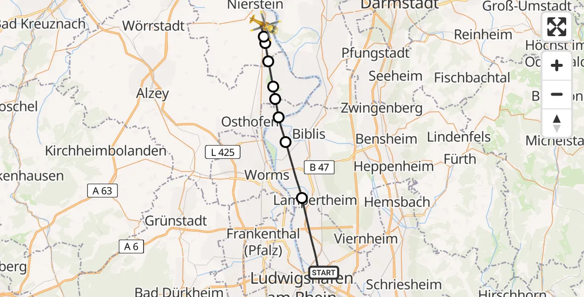 Flugroute Rettungshubschrauber Mannheim - Dienheim, 26 Juni 2026, 14:31