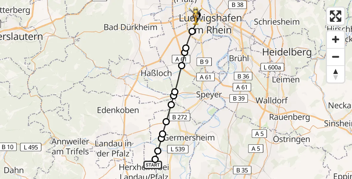Flugroute Rettungshubschrauber Herxheim bei Landau/Pfalz - Ludwigshafen Accident Hospital, 26 Juni 2026, 14:34