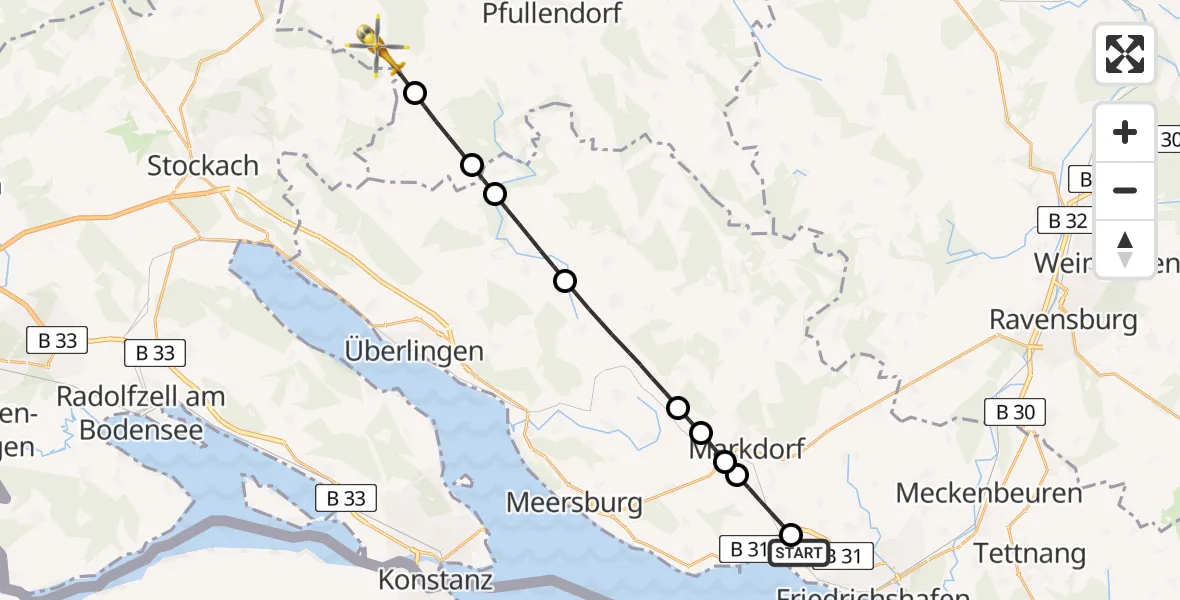 Flugroute Rettungshubschrauber Friedrichshafen Hospital - Wald, 26 Juni 2026, 14:38
