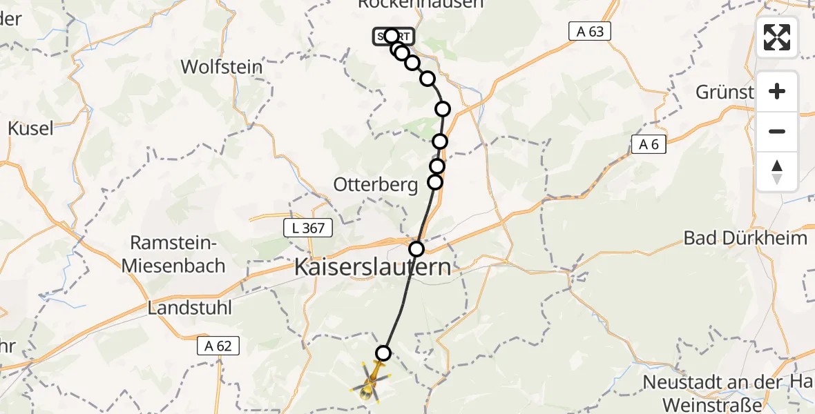 Flugroute Rettungshubschrauber Imsweiler UL - Trippstadt, 26 Juni 2026, 14:38