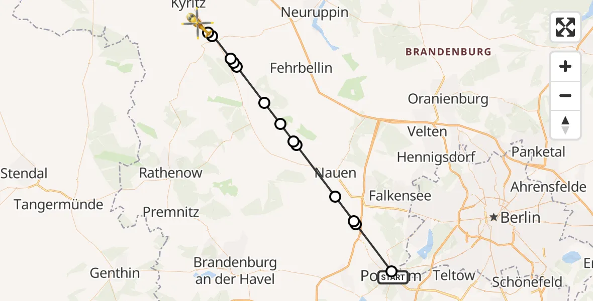 Flugroute Rettungshubschrauber Ernst von Bergmann Clinic Hubschrauberlandeplatz - Wusterhausen/Dosse, 26 Juni 2026, 14:39