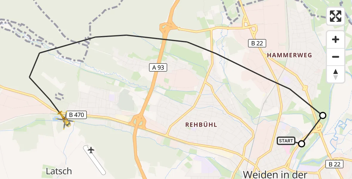 Flugroute Rettungshubschrauber Weiden Hospital - Weiden i.d.OPf., 26 Juni 2026, 14:42