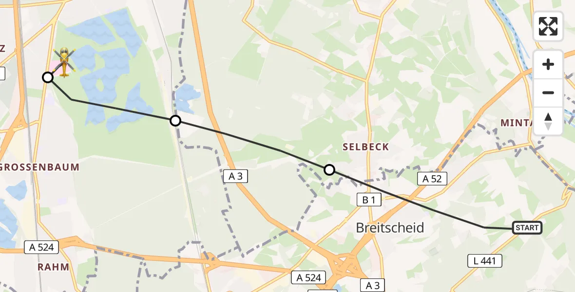Flugroute Rettungshubschrauber Ratingen - Duisburg Air Rescue Hubschrauberlandeplatz (Christoph 9), 26 Juni 2026, 14:44