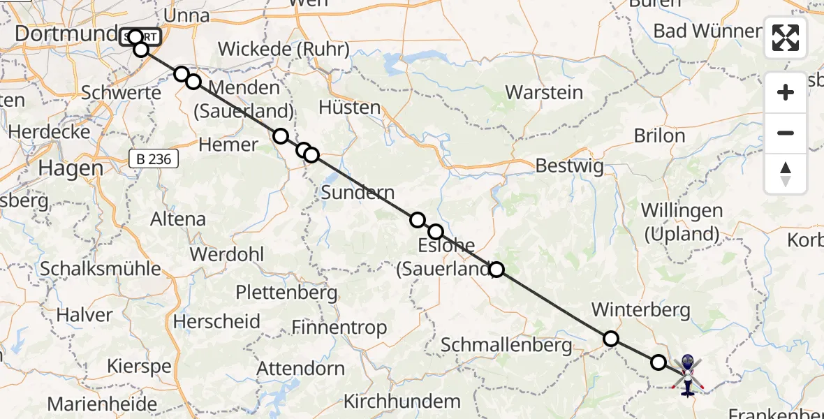 Flugroute Polizeihubschrauber Dortmund Flughafen - Hallenberg, 26 Juni 2026, 15:10