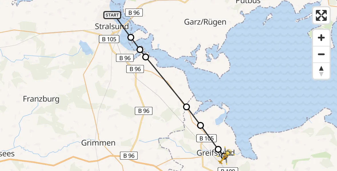 Flugroute Rettungshubschrauber Stralsund - Greifswald Hospital, 26 Juni 2026, 15:10