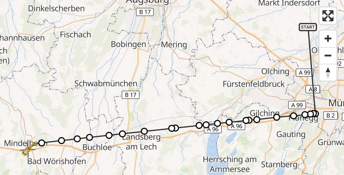 Flugroute Rettungshubschrauber Röhrmoos - Mindelheim, 26 Juni 2026, 15:15