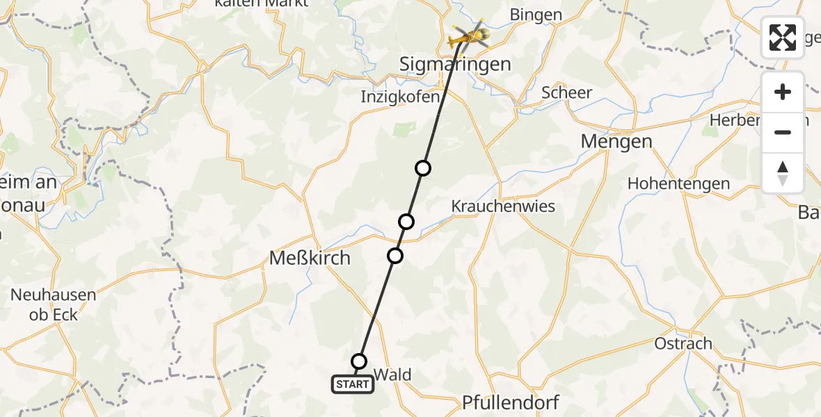 Flugroute Rettungshubschrauber Sauldorf - Sigmaringen, 26 Juni 2026, 15:20