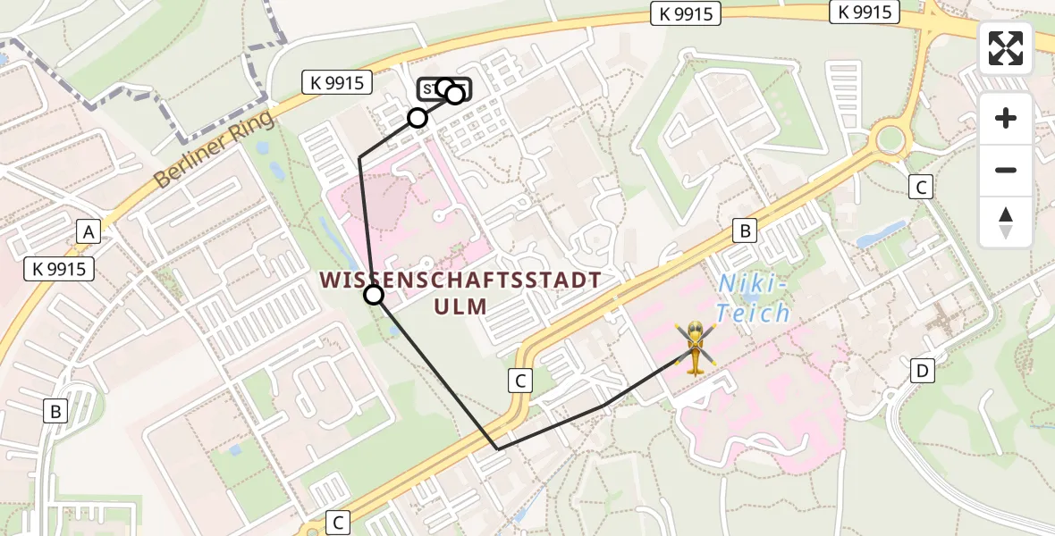 Flugroute Rettungshubschrauber Ulm Military Hospital Emergency - Ulm Military Hospital Emergency Hubschrauberlandeplatz, 26 Juni 2026, 15:27
