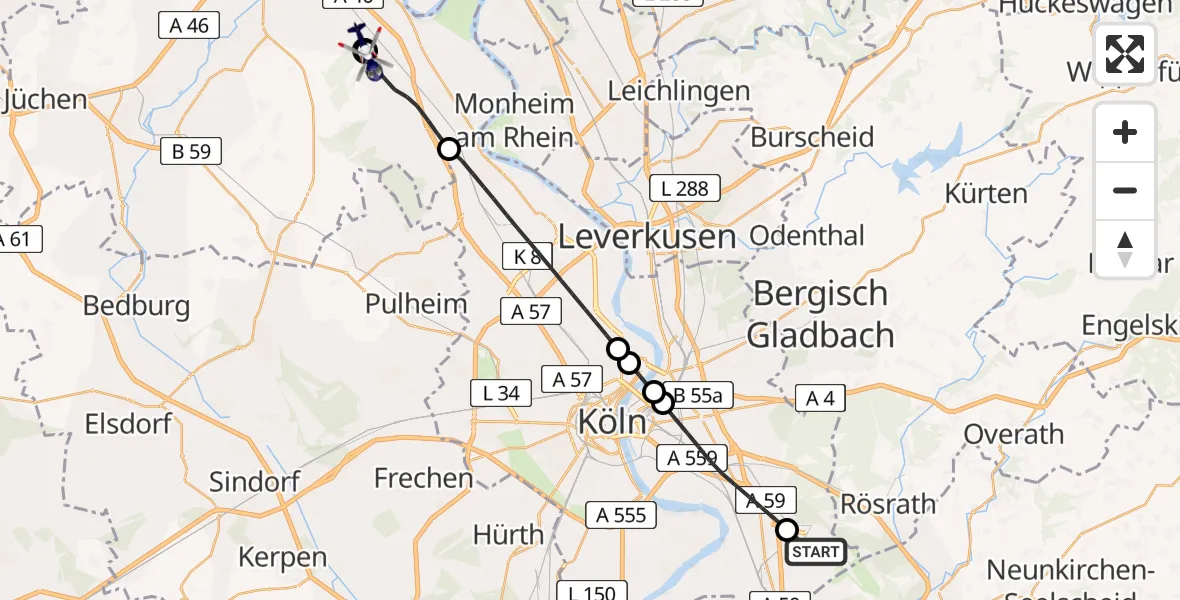 Flugroute Polizeihubschrauber Köln Bonn Flughafen - Dormagen, 26 Juni 2026, 15:28