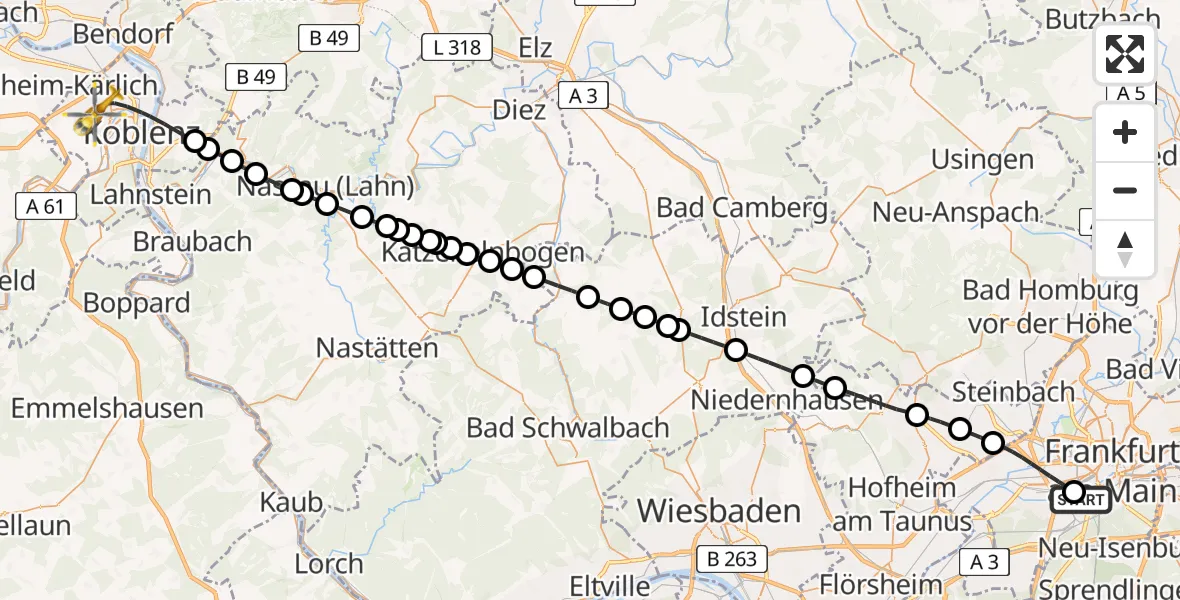 Flugroute Rettungshubschrauber Frankfurt University Hospital Neurology Clinic - Koblenz, 26 Juni 2026, 15:31