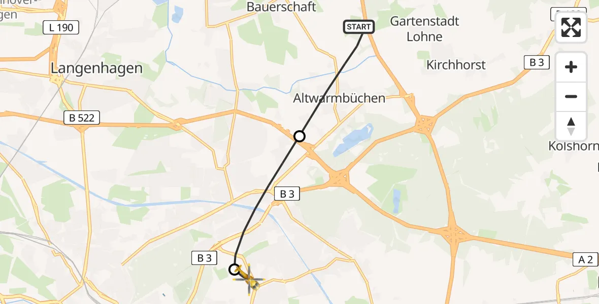 Flugroute Rettungshubschrauber Isernhagen - Hannover Luftrettung Hubschrauberlandeplatz (Christoph 4), 26 Juni 2026, 15:34