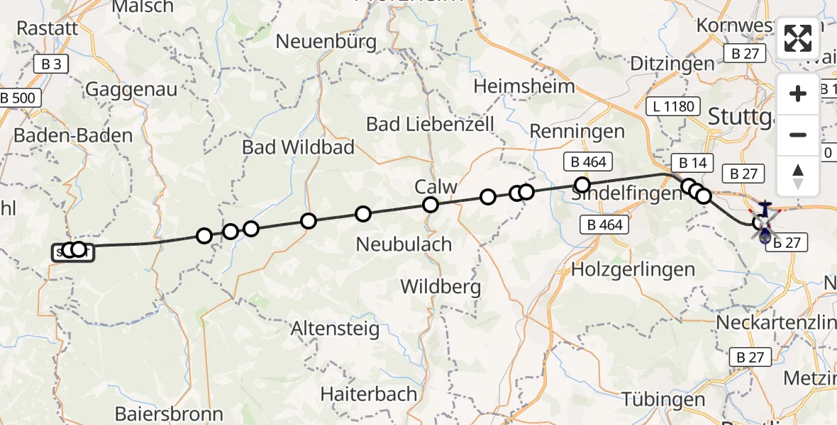 Flugroute Polizeihubschrauber Forbach - Flughafen Stuttgart, 26 Juni 2026, 15:36