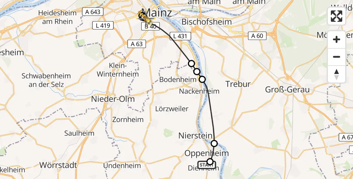 Flugroute Rettungshubschrauber Dienheim - Mainz University Hospital, 26 Juni 2026, 15:42