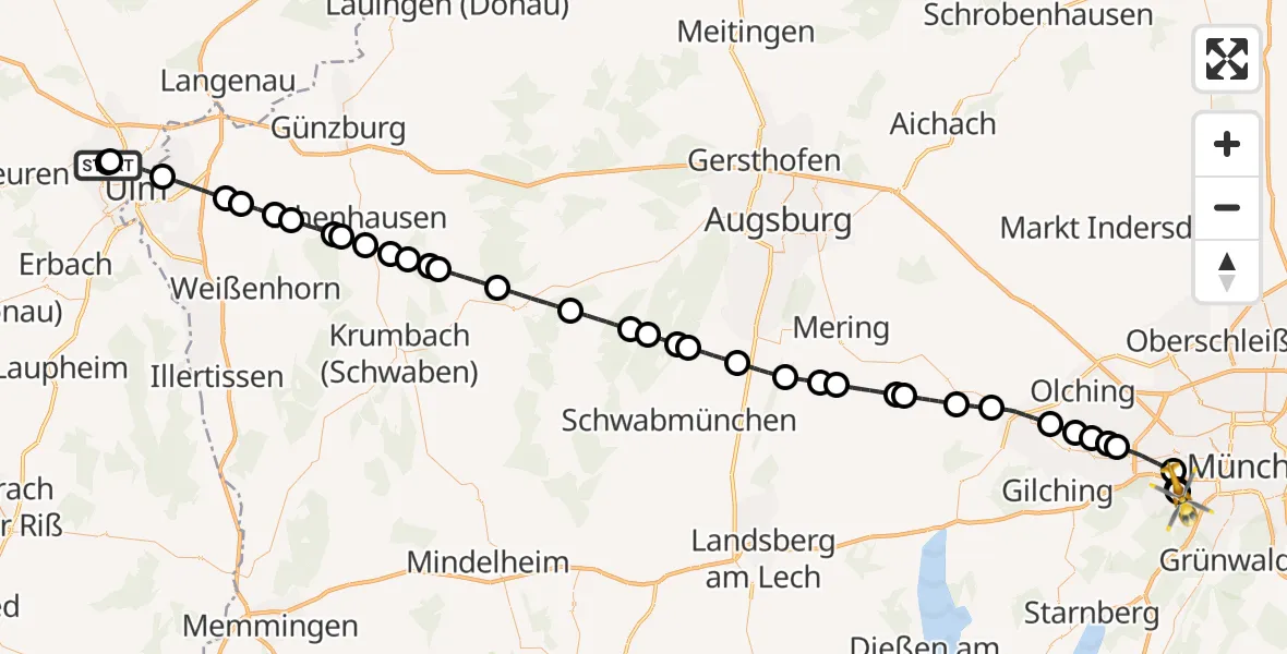 Flugroute Rettungshubschrauber Ulm Military Hospital Emergency - DRF Air Rescue München Hubschrauberlandeplatz, 26 Juni 2026, 15:50