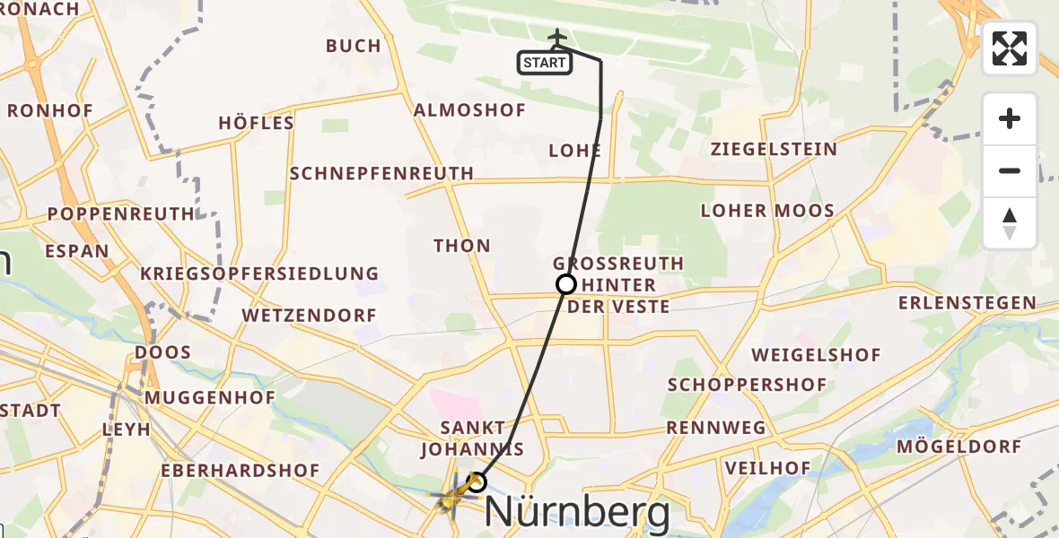 Flugroute Rettungshubschrauber Flughafen Nuremberg - Deutschherrnwiese Hubschrauberlandeplatz, 26 Juni 2026, 15:51