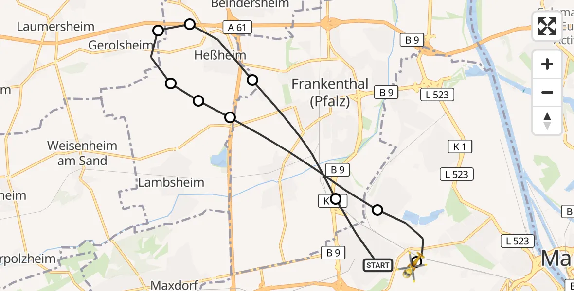 Flugroute Rettungshubschrauber Ludwigshafen am Rhein - Ludwigshafen Accident Hospital, 26 Juni 2026, 15:55