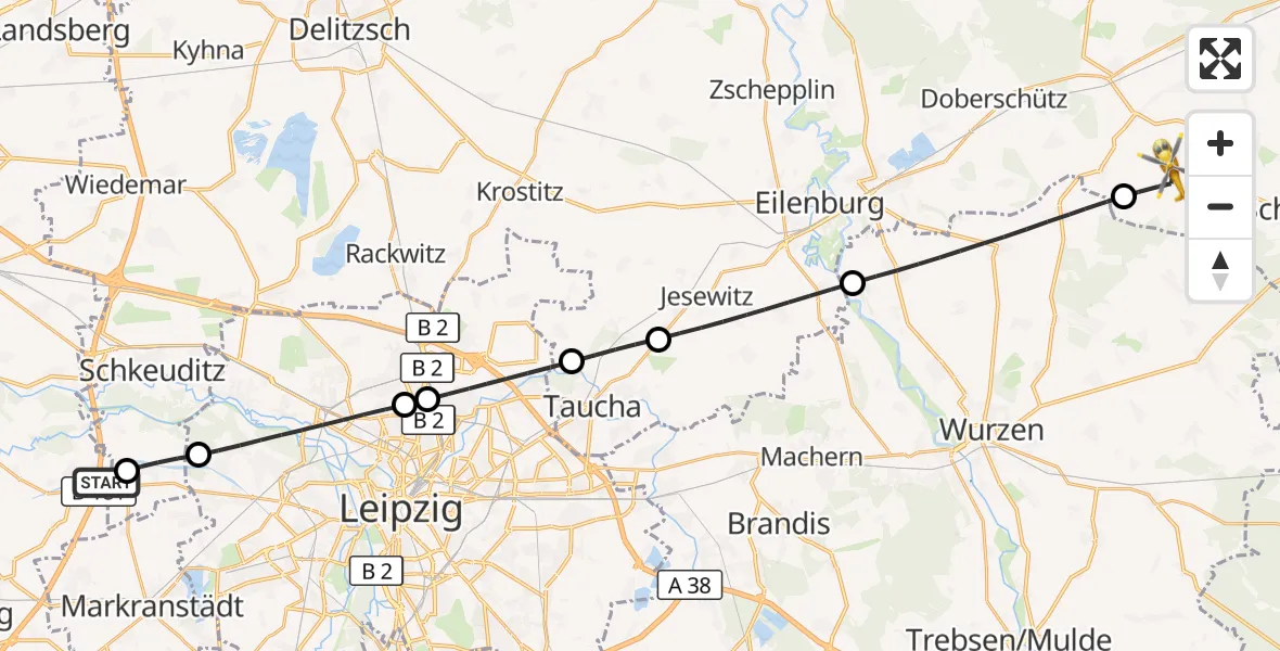 Flugroute Rettungshubschrauber ADAC Air Rescue Station Leipzig/Schkeuditz-Dölzig Hubschrauberlandeplatz (Christoph 61) - Mockrehna, 26 Juni 2026, 15:56