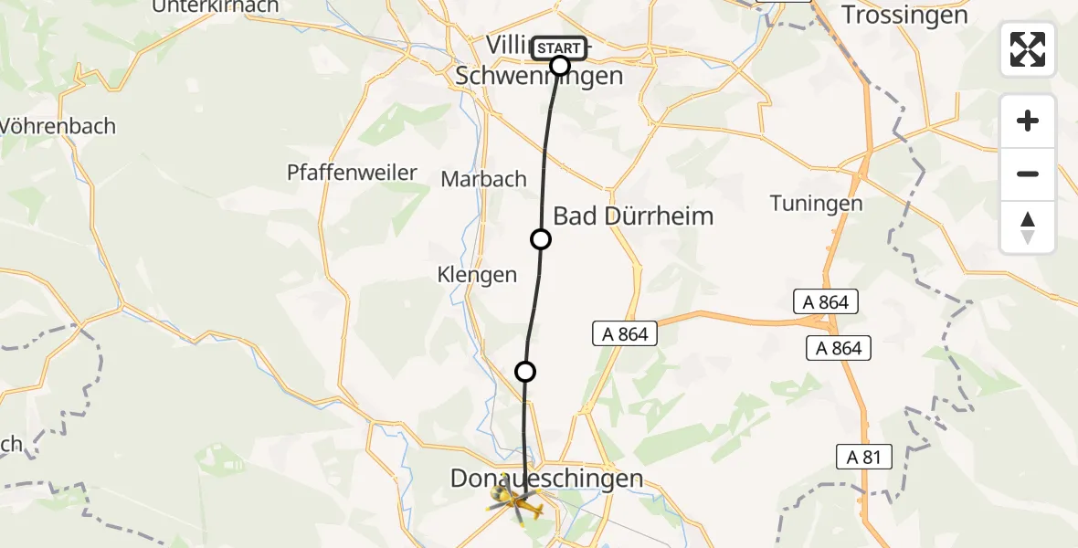 Flugroute Ambulanzhubschrauber DRF Air Rescue Station Villingen-Schwenningen Hubschrauberlandeplatz (Christoph 11) - Donaueschingen, 26 Juni 2026, 15:58
