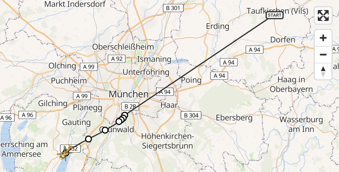 Flugroute Rettungshubschrauber Taufkirchen (Vils) - Starnberger See, 26 Juni 2026, 16:01