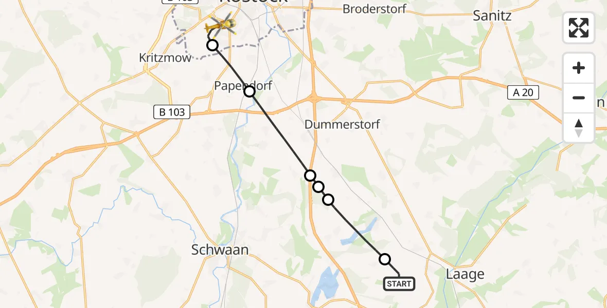 Flugroute Rettungshubschrauber Flughafen Rostock-Laage - Rostock, 26 Juni 2026, 16:06