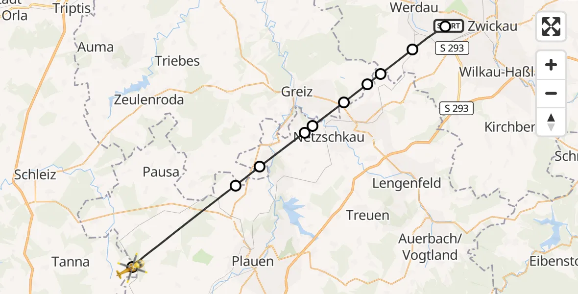 Flugroute Rettungshubschrauber ADAC Air Rescue Station Zwickau Hubschrauberlandeplatz - Tanna, 26 Juni 2026, 16:10