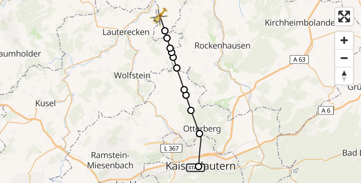 Flugroute Rettungshubschrauber Westpfalz Hospital Kaiserslautern - Becherbach, 26 Juni 2026, 16:10