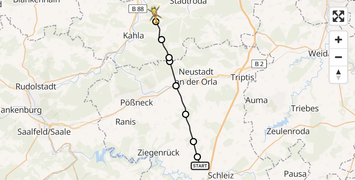 Flugroute Rettungshubschrauber Neundorf (bei Schleiz) - Kleinbockedra, 26 Juni 2026, 16:13