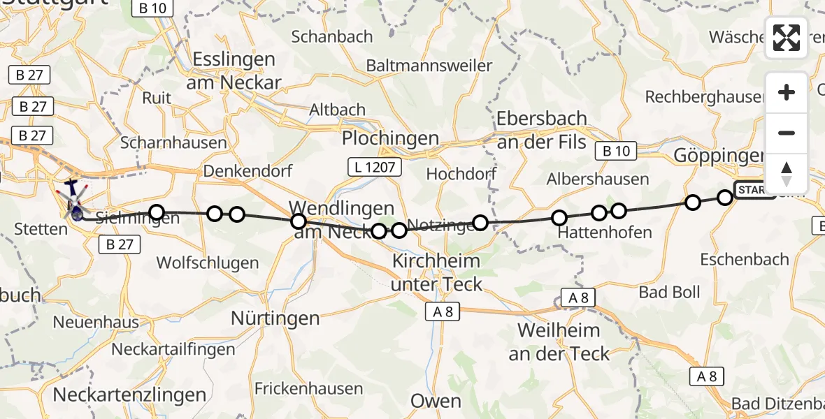 Flugroute Polizeihubschrauber Göppingen - Flughafen Stuttgart, 26 Juni 2026, 16:20