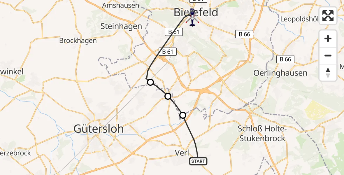 Flugroute Polizeihubschrauber Verl - Bielefeld, 26 Juni 2026, 16:23