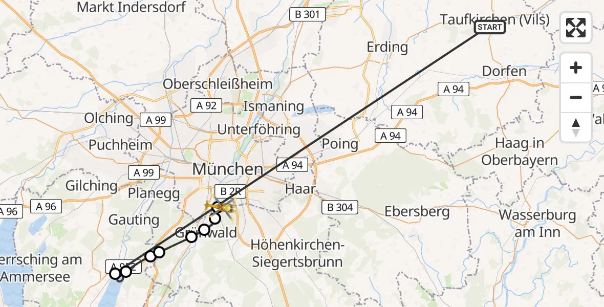 Flugroute Rettungshubschrauber Taufkirchen (Vils) - ADAC Air Rescue Center Hubschrauberlandeplatz (Christoph 1), 26 Juni 2026, 16:24