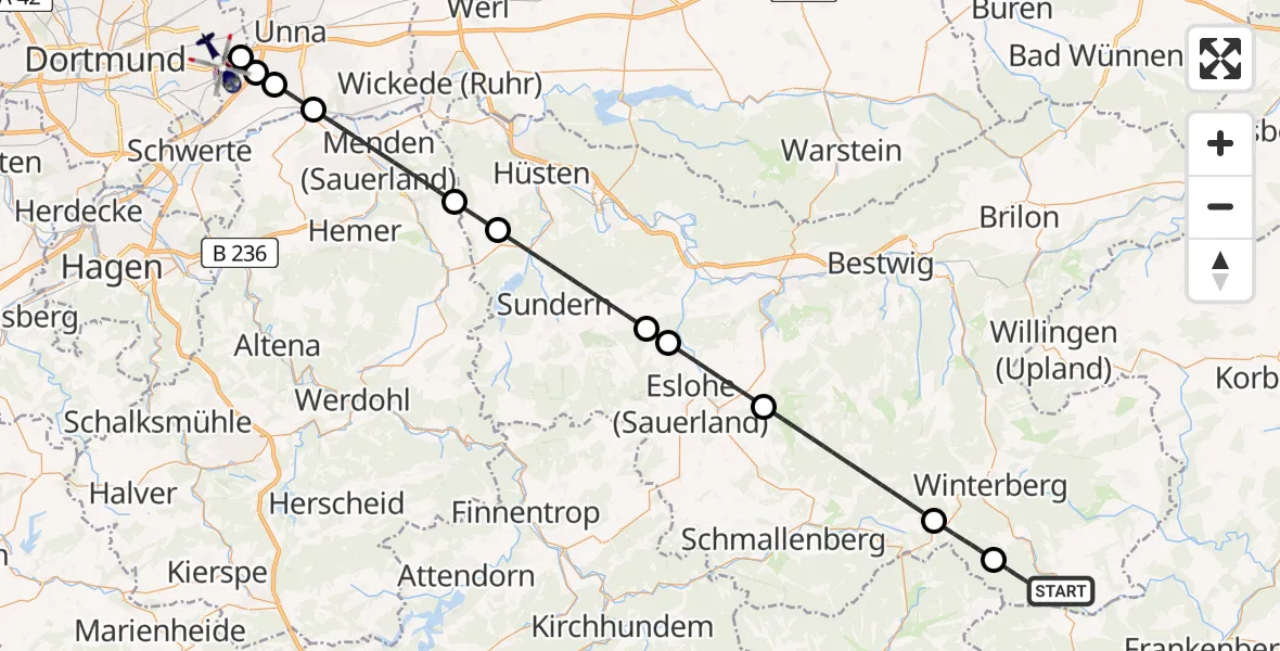 Flugroute Polizeihubschrauber Hallenberg - Dortmund Flughafen, 26 Juni 2026, 16:26
