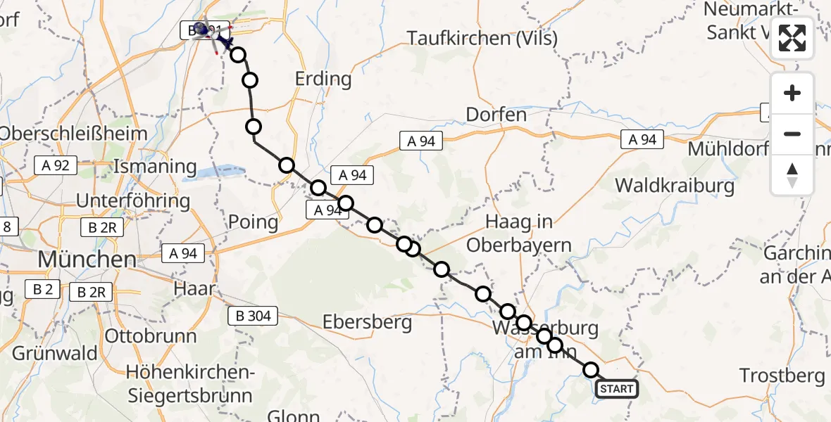 Flugroute Polizeihubschrauber Amerang - München Flughafen, 26 Juni 2026, 16:30