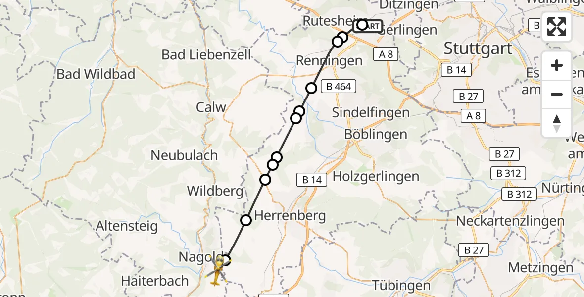 Flugroute Rettungshubschrauber Leonberg Hospital - Nagold, 26 Juni 2026, 16:31