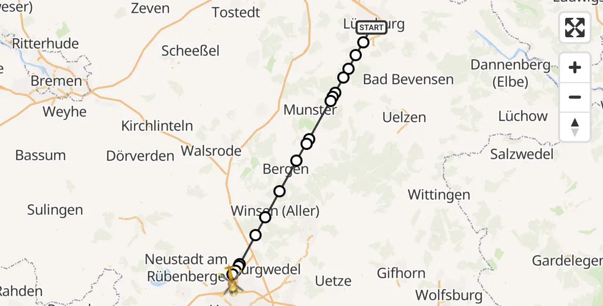 Flugroute Rettungshubschrauber Lüneburg - Flughafen Hannover, 26 Juni 2026, 16:33