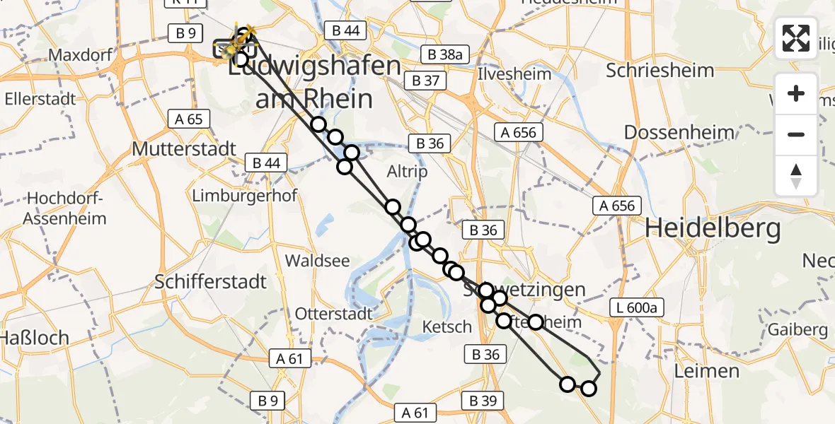 Flugroute Rettungshubschrauber Ludwigshafen Accident Hospital - Ludwigshafen Accident Hospital, 26 Juni 2026, 16:34
