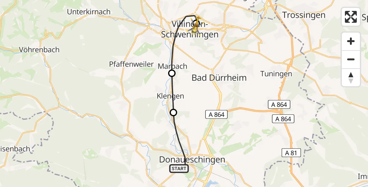 Flugroute Ambulanzhubschrauber Donaueschingen - DRF Air Rescue Station Villingen-Schwenningen Hubschrauberlandeplatz (Christoph 11), 26 Juni 2026, 16:34