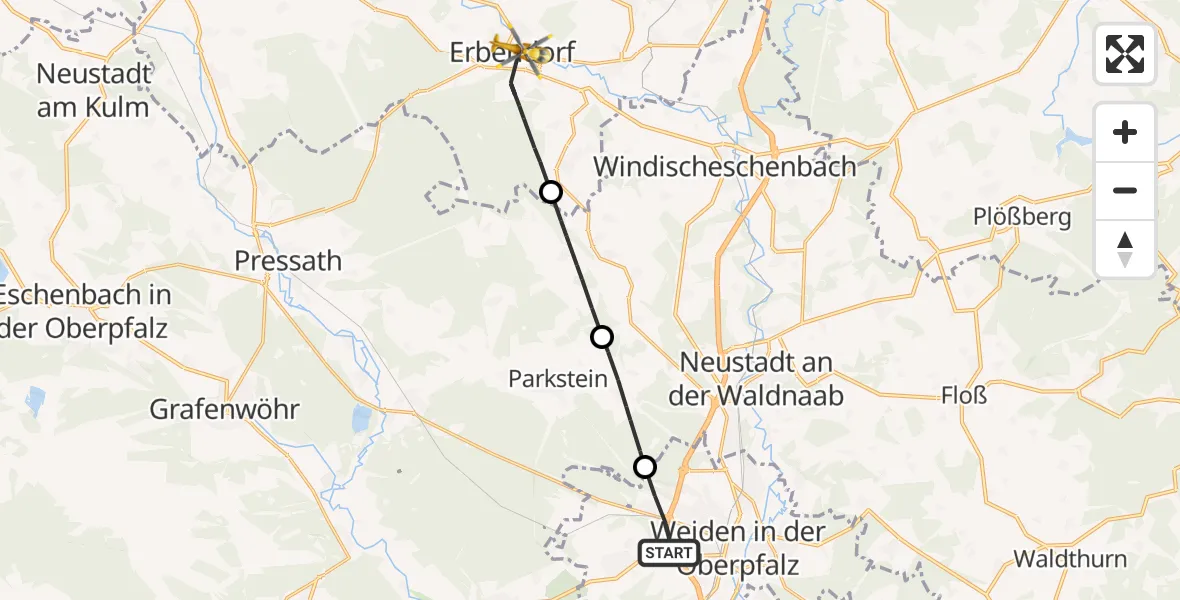 Flugroute Rettungshubschrauber Weiden i.d.OPf. - Erbendorf, 26 Juni 2026, 16:35
